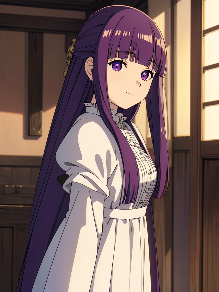 è²ä¼¦,1girl,solo,purple hair,long hair,purple eyes,blunt bangs,sidelocks,half updo,bright pupils, hair ornament,frilled collar,black robe,white dress,center frills,buttons,wide sleeves,long sleeves,curvy,cowboy shot,brown coat,from side,smile,, Exquisite visuals, high-definition,masterpiece,best quality,, 20yo,Young female,Beautiful Finger,Beautiful long legs,Beautiful body,Beautiful Nose,Beautiful character design, perfect eyes, perfect face,expressive eyes, looking at viewer, official art,extremely detailed CG unity 8k wallpaper, perfect lighting,Colorful, Bright_Front_face_Lighting,shiny skin, (masterpiece:1.0),(best_quality:1.0), ultra high res,4K,ultra-detailed, photography, 8K, HDR, highres, absurdres:1.2, Kodak portra 400, film grain, blurry background, bokeh:1.2, lens flare, (vibrant_color:1.2), (beautiful_face:1.5),(narrow_waist), 