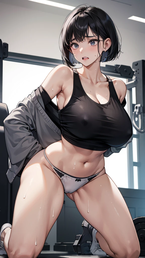 Bobcut、Black-haired 、、Sweating at the gym、Desperate form、Clothes are soaked with sweat、indoor、A lot of people are watching、Composition from directly behind、Huge breasts、Plain white panties、in motion、Grit your teeth、Squat、Legs open more than 180 degrees、With legs wide open、Embarrassing