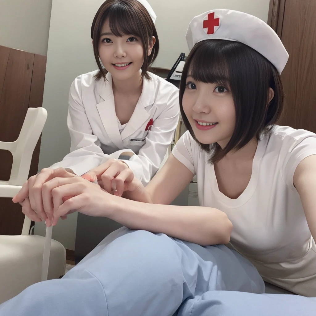 (from below:1.3)、（Nurse Uniform、White nurse wear、Micro Mini Skirt、Nurse cap、Ass、Black Hair、Big Ass、Health Room）、Extremely sexy、smile、Professional Lighting、Small waist、Beautiful adult woman、Captivating thighs、Very large breasts、Cleavage、