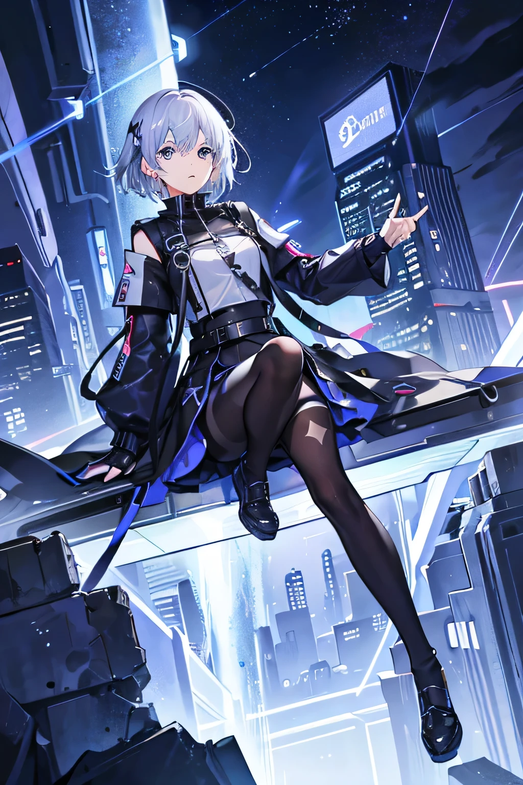 One adult woman、Blue Eyes、short hair、Silver Hair、Black Skirt、tights、Ruined City、Starry Sky、cyber punk