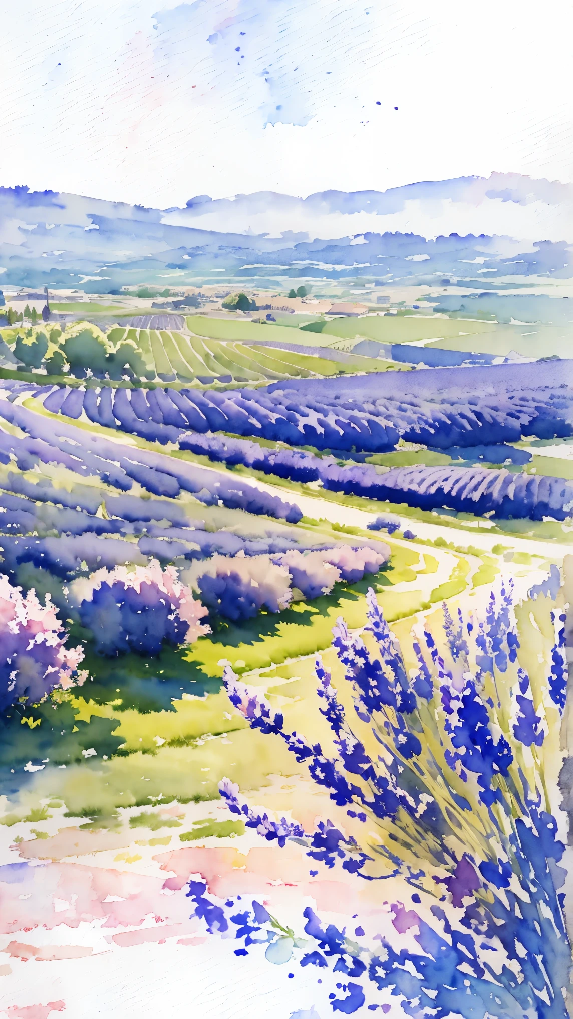 (masterpiece:1.2, Highest quality),(Very detailed),(((watercolor))),8K,wallpaper,Landscape of France,Lavender fields in Provence