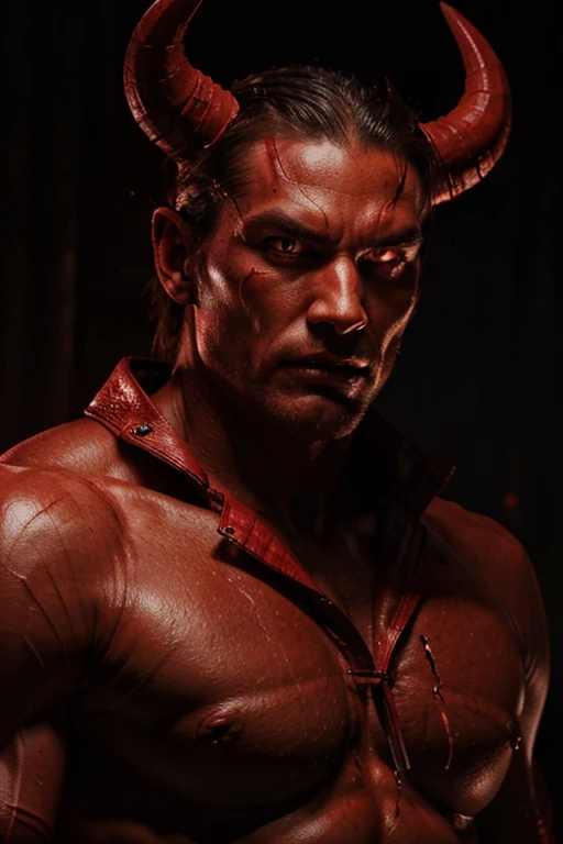 a tall, muscular, handsome masculine demon with red skin, detailed face, glowing red eyes, sharp fangs, horns, leather clothing, dark background, dramatic lighting, cinematic, hyper detailed, 8k, photorealistic