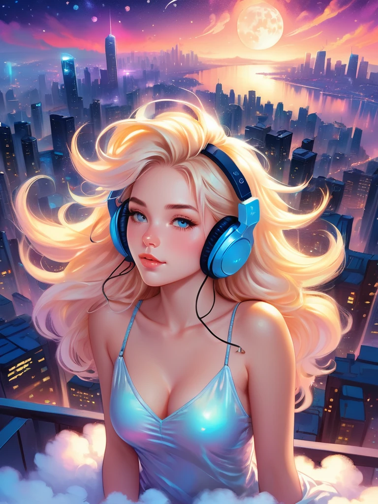 a beautiful 20 year old blonde nude woman with big messy hair, with headphones on her ears, laying on a fluffy cloud, floating gracefully over a small city, cityscape, twinkling stars and glowing moon at night, cute detailed digital art, colorfull digital fantasy art, digital fantasy art ), glossy digital painting, rossdraws pastel vibrant, rossdraws 2. 5, rossdraws 1. 0