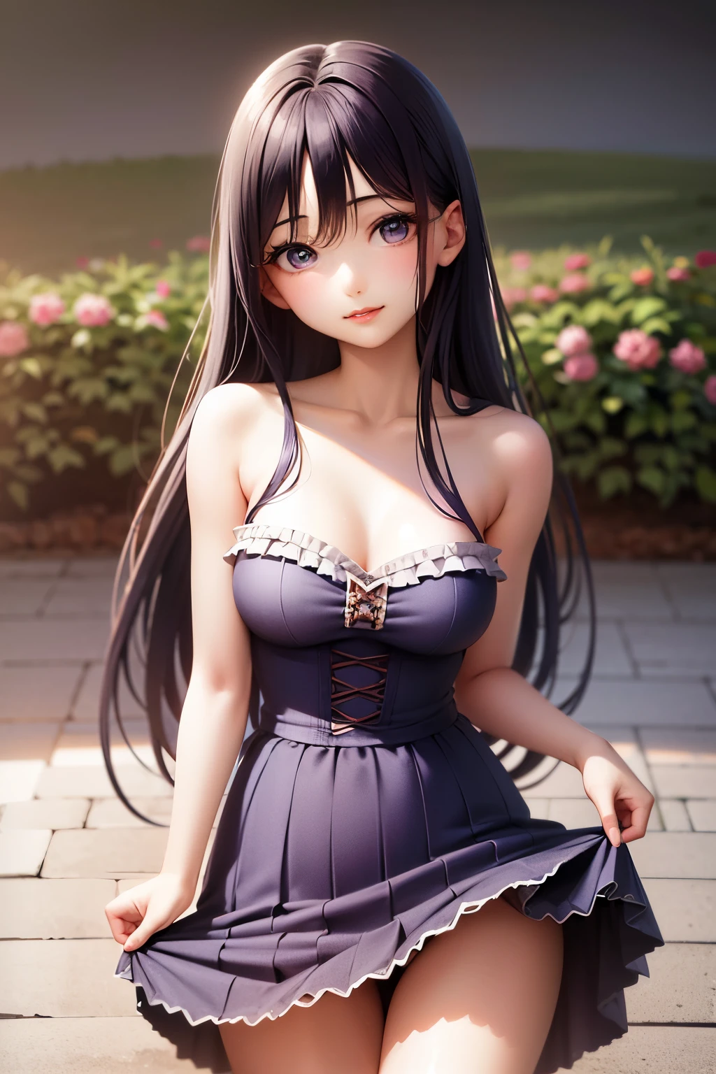 (Absurd, High resolution, Super detailed), masterpiece, Hinata(bolt), ((alone)), One girl,Medium chest, Long purple Victorian dress, Mouth closed, (((Long Hair))),Are standing, Bodice and skirt patterns, Frilled Skirt, race, Blinking blinking effect, (((Detailed lips))), garden, Pink and yellow flowers,  ((Realistic Skin)), Glowing Skin, ((Glossy Red Lips)), Purple eyes, Portraiture, beautiful, smile, (((Dark blue hair))), Bust Crop, Normal skin