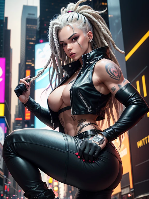 in NYC, Times Square, 25 year old woman in wolf style, from DC comics, with dreadlocks, intergalactic anti-heroine, known for her cruelty and sarcastic behavior.. He is depicted as an alien humanoid with pale white skin., long black dreadlocks, and super muscular physique in tight black leather pants.. His bright red eyes give his appearance a menacing cast... Often dressed in an open black leather vest., Tight pants, and heavy boots, he has a punk rock look. With tattoos and scars all over my body, emphasizing his seasoned character.,