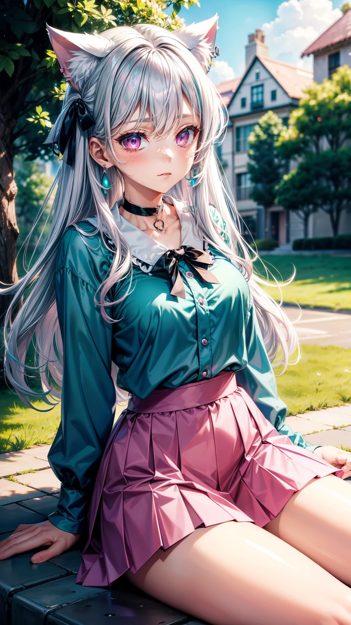 Silver hair, pink eyes, body, cat ears, sexy girl, earrings, cloud and sun background, hair bows, sit, teal green long sleeve blouse, skirt, pink necklace