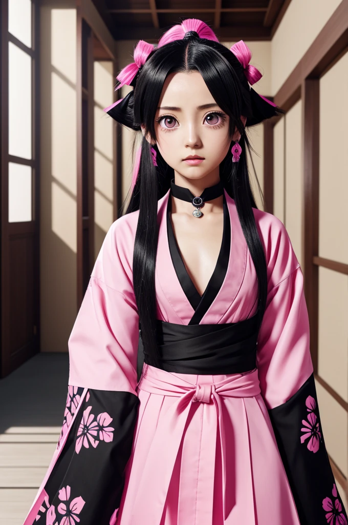 screenshot of kimetsu no Yaiba Let it be a girl loose straight hair black and pink Pink eyes also the report let it be white clothes kimetsu no Yaiba