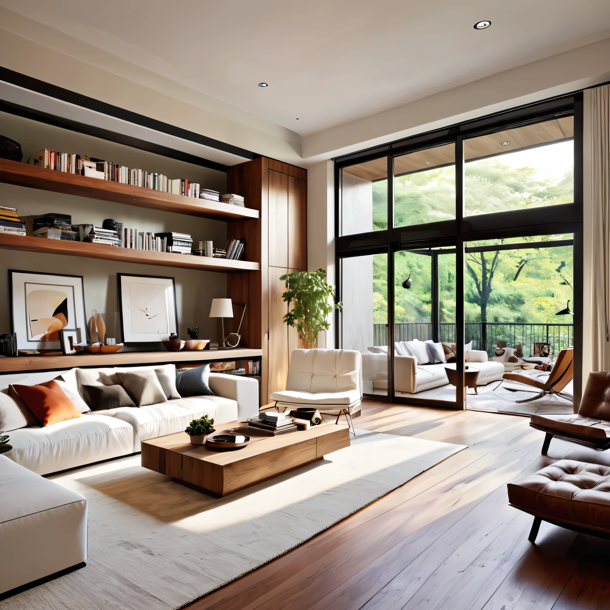 Create a stylish and contemporary loft space with an open floor plan. The living area should feature a large white sectional sofa, a minimalist media center, and a chic rug. The kitchen should have a wooden island with white bar stools and state-of-the-art appliances. On the upper mezzanine, design a bedroom area with a cozy bed, a small reading corner, and sleek built-in wardrobes. Ensure the space is well-lit with large windows that allow plenty of natural light to enter. The design should be modern and sophisticated, with clean lines and a neutral palette