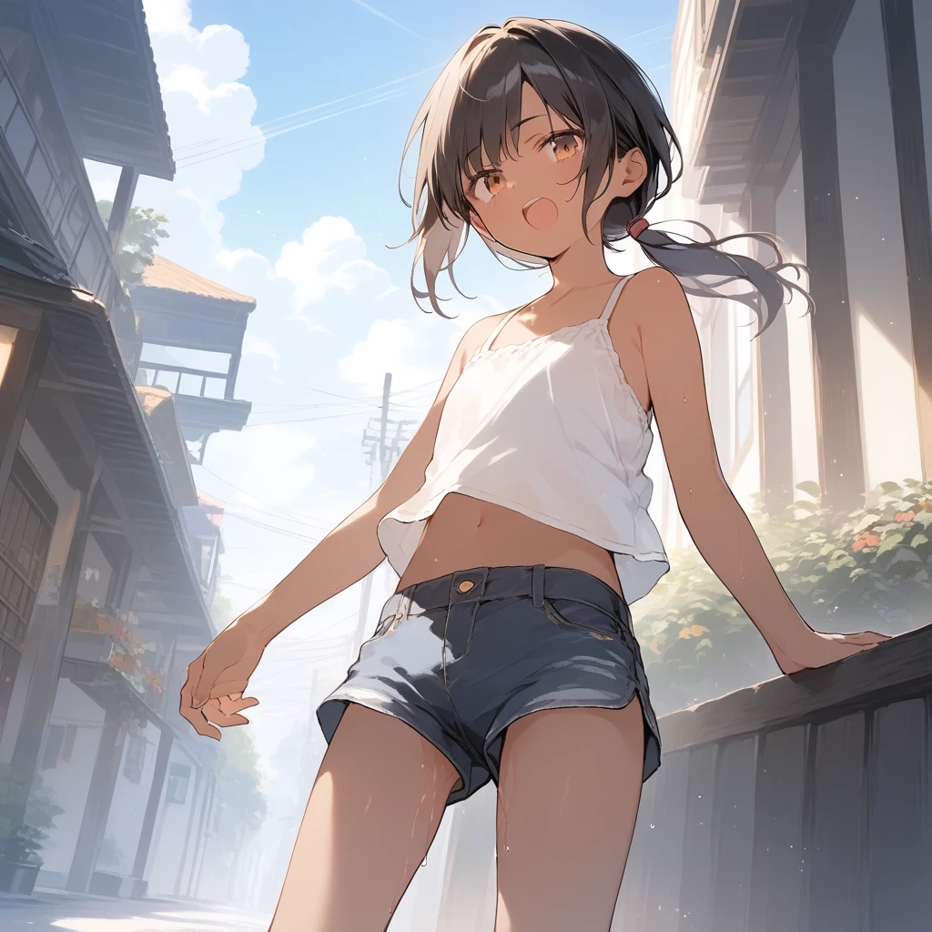 score_9, score_8_up, score_7_up, source_anime, best quality, masterpiece, official art, absurdres, highres, ultra-detailed,waifu2x,Collection: Slice of Life,break,1girl, tomboy, dark-skinned female, short hair, low ponytail, flat chest, beautiful detailed eyes, short shorts, sweat, open mouth, (yawn:0.3), masturbation through clothes, pussy juice, outdoors, wind, break,(clear line illustration:1.2),very high resolution, very aesthetic, super detailed skin, Best sexual lighting powered by famous artist, 8k,cute picture,beauty illustration,photoshop_(medium),,(Detailed Lighting),best anime 8k konachan wallpaper, pixiv contest winner,