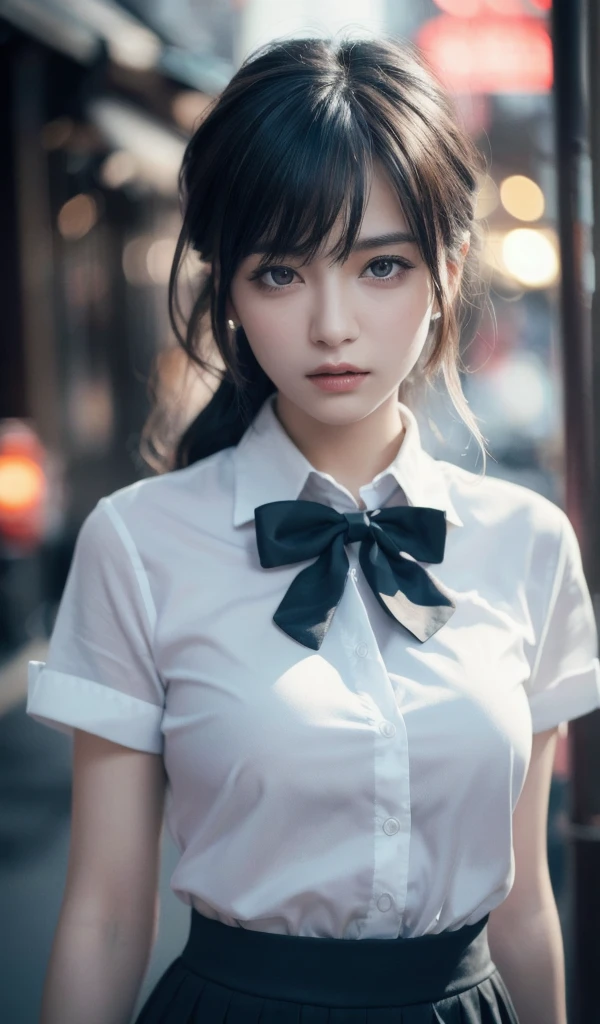 Ultra-realistic capture, Highly detailed, High resolution 16k close-up of human skin. Skin texture must be natural, With such detail that pores can be finely identified. Skin should look fair-skinned, In a uniform tone. Use natural light and color .
1girl,(8k, RAW photo, best quality, masterpiece:1.3),(realistic,photo-realistic:1.37),(night),(looking at viewer:1.331),(white hair),posing,Tokyo street,nightcityscape, , cyberpunk city,soft light,1girl,extremely beautiful face,bust,put down hands,Random hairstyle,Random expression,big eyes, ,lower abdomen,(short-sleeved
JK_shirt),JK_style,(dark blue JK_skirt) ,(bow JK_tie),,mix4, an extremely delicate and beautiful girl, depth of field, blurry background, blurry foreground,, delicate, beautiful, beautiful face, beautiful eyes, beautiful girl, delicate face, delicate girl,, 8k wallpaper,(best quality:1.12),(detailed:1.12),(intricate:1.12),(ultra-detailed:1.12),(highres:1.12), hyper detailed,ultra-detailed, high resolution illustration, colorful, 8k wallpaper, highres, Cinematic light, ray tracing, (8k, RAW photo, best quality, masterpiece, ultra highres, ultra detailed:1.2), (realistic, photo-realistic:),