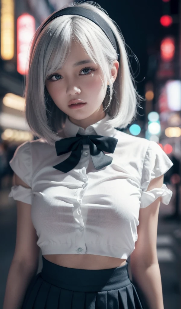 Ultra-realistic capture, Highly detailed, High resolution 16k close-up of human skin. Skin texture must be natural, With such detail that pores can be finely identified. Skin should look fair-skinned, In a uniform tone. Use natural light and color .
1girl,(8k, RAW photo, best quality, masterpiece:1.3),(realistic,photo-realistic:1.37),(night),(looking at viewer:1.331),(white hair),posing,Tokyo street,nightcityscape, , cyberpunk city,soft light,1girl,extremely beautiful face,bust,put down hands,Random hairstyle,Random expression,big eyes, ,lower abdomen,(short-sleeved
JK_shirt),JK_style,(dark blue JK_skirt) ,(bow JK_tie),,mix4, an extremely delicate and beautiful girl, depth of field, blurry background, blurry foreground,, delicate, beautiful, beautiful face, beautiful eyes, beautiful girl, delicate face, delicate girl,, 8k wallpaper,(best quality:1.12),(detailed:1.12),(intricate:1.12),(ultra-detailed:1.12),(highres:1.12), hyper detailed,ultra-detailed, high resolution illustration, colorful, 8k wallpaper, highres, Cinematic light, ray tracing, (8k, RAW photo, best quality, masterpiece, ultra highres, ultra detailed:1.2), (realistic, photo-realistic:),