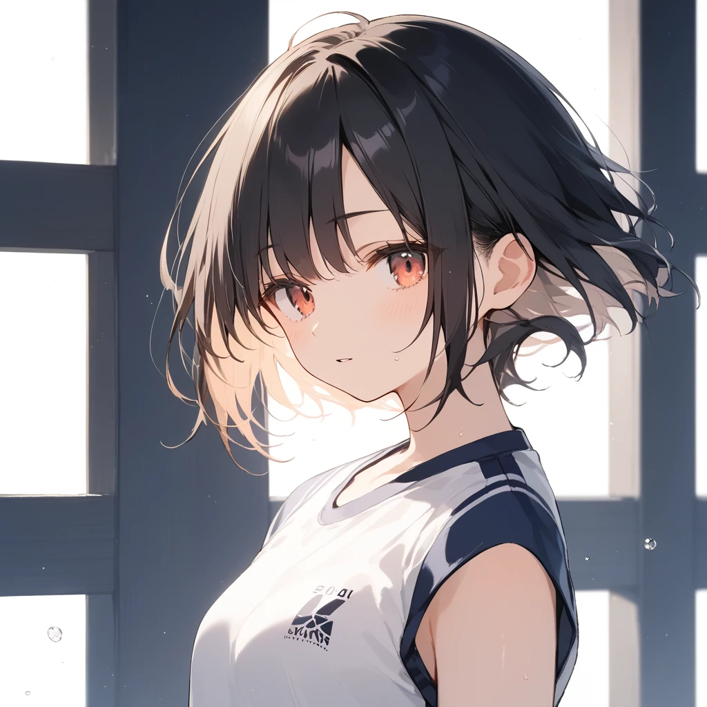 score_9, score_8_up, score_7_up, source_anime, best quality, masterpiece, official art, absurdres, highres, ultra-detailed,waifu2x,Collection: Slice of Life,break,1girl, 15-year-old, short hair, black hair, small breasts, beautiful detailed face, beautiful detailed eyes, well-proportioned iris and pupils, parted lips, beautiful detailed lips, gym uniform, byke shorts, sweat, expressionless, sleepily, back of school building, outdoors, wind, break,(clear line illustration:1.2),very high resolution, very aesthetic, super detailed skin, Best cinematic lighting powered by famous artist, 8k, beauty illustration,photoshop_(medium),,(Detailed Lighting),best anime 8k konachan wallpaper, pixiv contest winner,