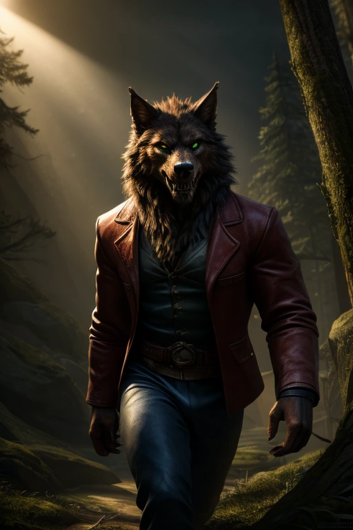a robust male werewolf, wolf head, red jacket, blue pants, brown fur, green eyes, sharp teeth, angle from knees to head, sexy pose, forest background, Looking at the fourth wall. Predatory gaze  (best quality,4k,8k,highres,masterpiece:1.2),ultra-detailed,(realistic,photorealistic,photo-realistic:1.37),hyper detailed,studio lighting,extremely detailed description,professional,vivid colors,dark fantasy,cinematic lighting,dramatic lighting,fantasy art
