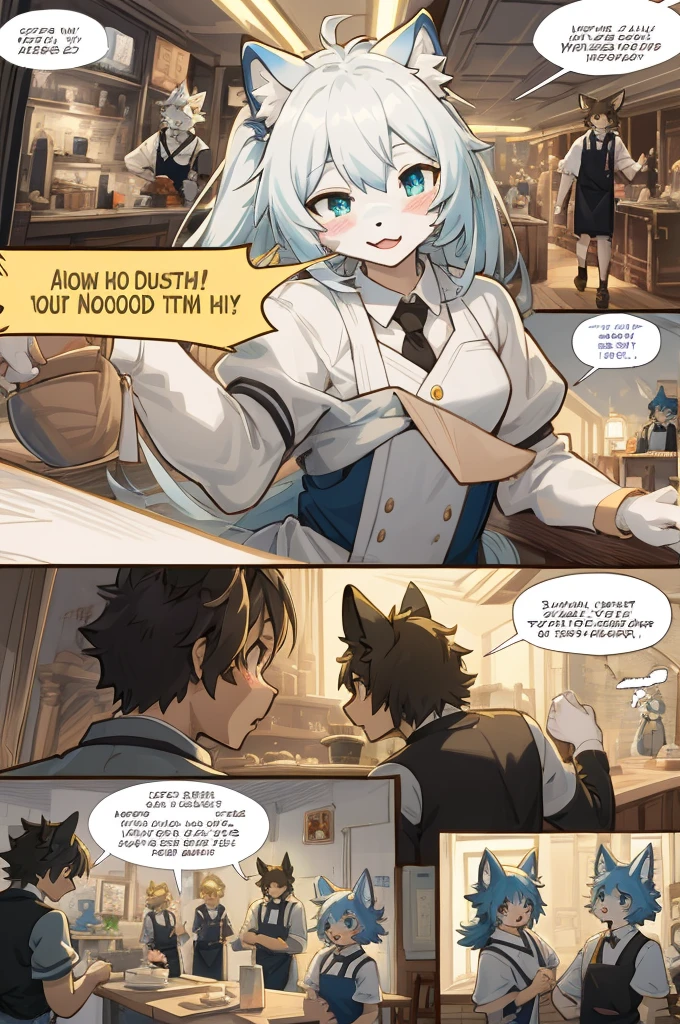 top quality, best quality, highres, masterpiece, super high resolution, detailed background, Casual reutaurant interior, part-time job, waiter, 6+boys, 6+girls, absurdres(highly detailed beautiful face and eyes)perfect anatomy, good lighting, cinematic shadow(kemono, furry anthro)assorted expressions, assorted poses, assorted angles, full body, upper shot, dynamic angle(girls comic-like panel layouts, speech balloon, English text, Hand-drawn sound effects stickers used in girls comic),