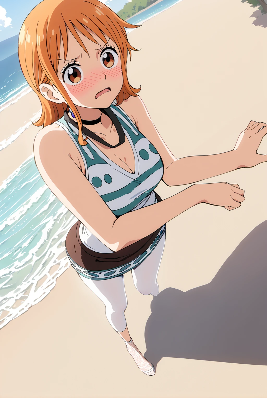 Nami, Nami One Piece, 1girl, solo, shy expression, blushing, black choker, white sleeveless tights, black ribbon around the neck, black high-waisted slit skirt, white long lace socks, white, standing pose, low angle of view , sexy pose, bent legs, beach background, seaside landscape, sunlight from above, anime style, high restoration, detailed lines, soft brightness, brightness, high detail, high brightness, complex shadows, textured texture, smooth transition