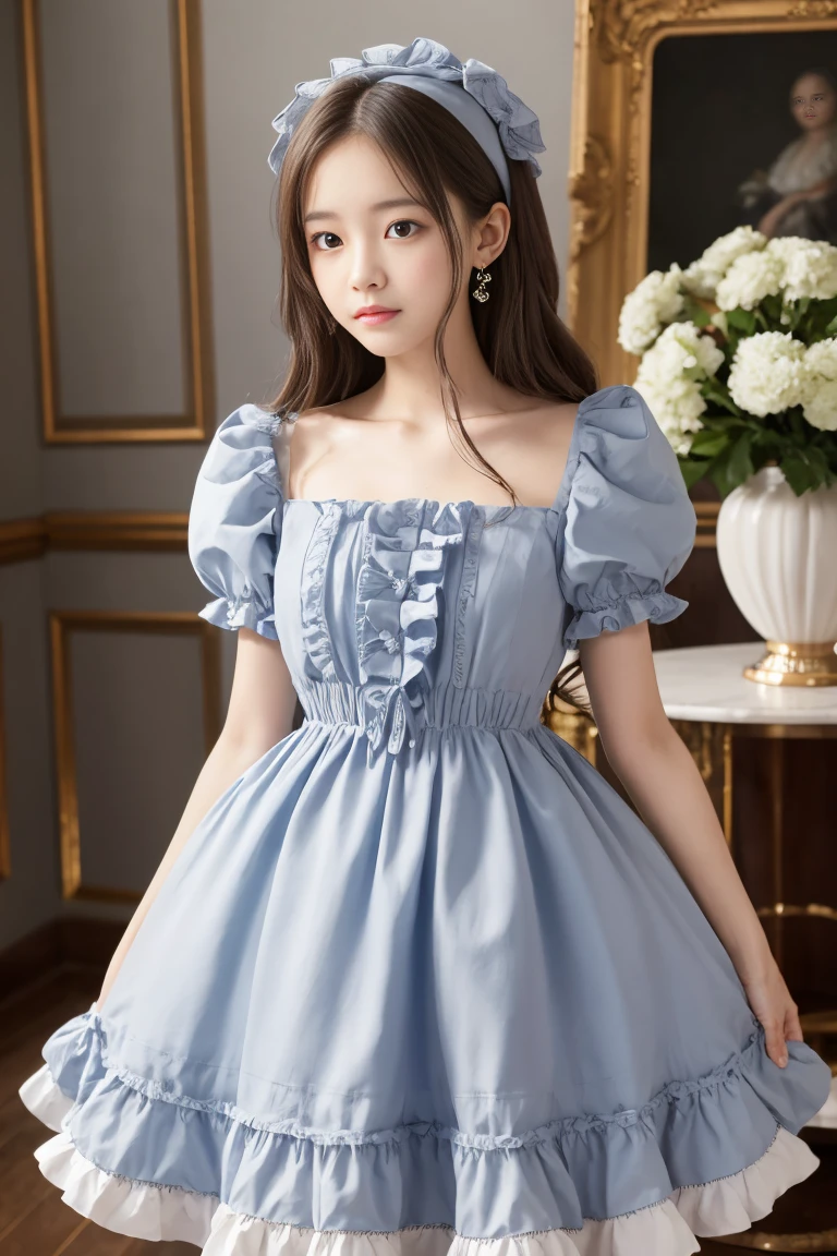 perfect quality,high quality,最high quality,Highest quality,Girl body type,Gray long hair,Baroque blue dress,Stacked Dress with Ruffles,French clothing,