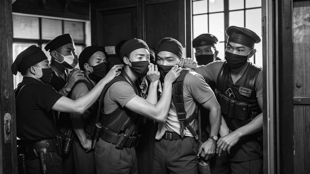 1930s, monochrome photography, A group of terrorists in Southeast Asia, Robbers breaking into a safe, mouth and nose covered with a bandana,  Group photo, 32K, Best quality, Masterpiece, super detail, High Details,
