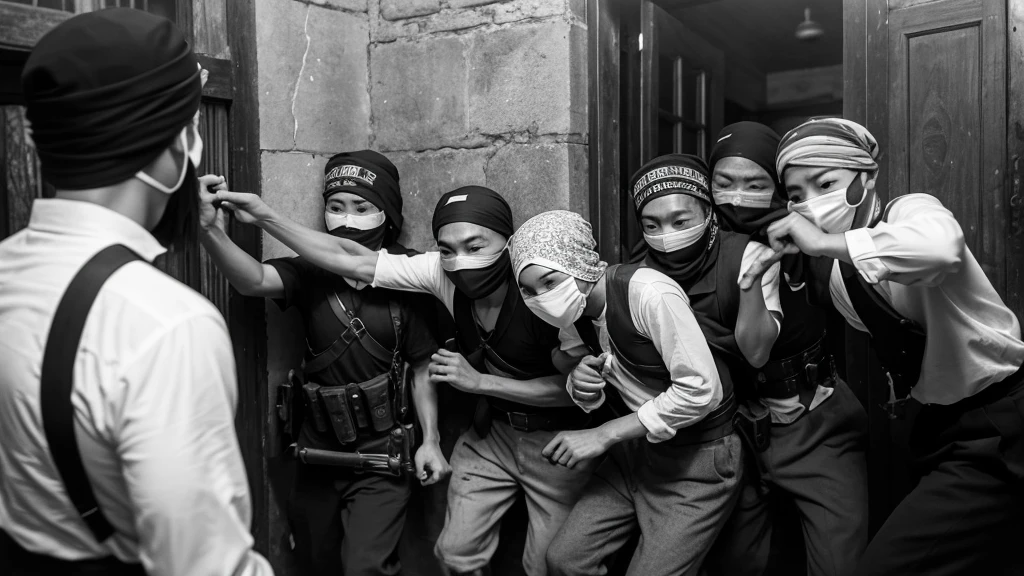 1930s, monochrome photography, A group of terrorists in Southeast Asia, Robbers breaking into a safe, mouth and nose covered with a bandana, Group photo, 32K, Best quality, Masterpiece, super detail, High Details,
