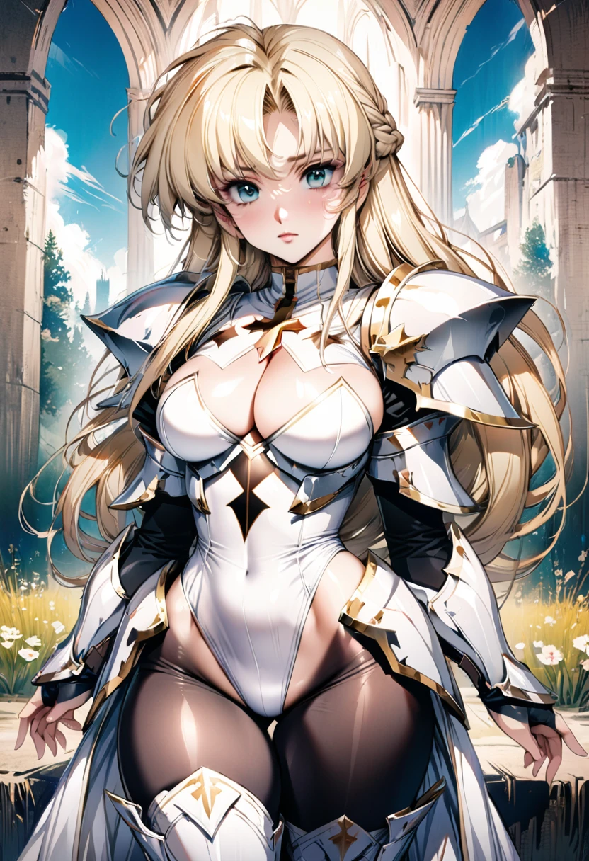 ((highest quality)), ((masterpiece)), ((hyperrealistic)), (detailed background), solo, 1girl, ((curvy: 1.2)), kawaii, ((wizard knight)), langrisser, blonde braided long hair, ((Large cross pattern white Leotard: 1.5)), (paladin armor), ((ArmoredDress)), ((Tight-fitting leotard bodysuit)), ((large )), ((arm guard gauntlet)), metal breastp((zettai ryouiki thigh boots)), (big butt), (cleavcutout),, (thigh), (See-through black pantyhose), beautiful aqus, droopy eyes, parted bangs, perfect face, Perfect hands, perfect fingers, Blue sky and grassland, posing,