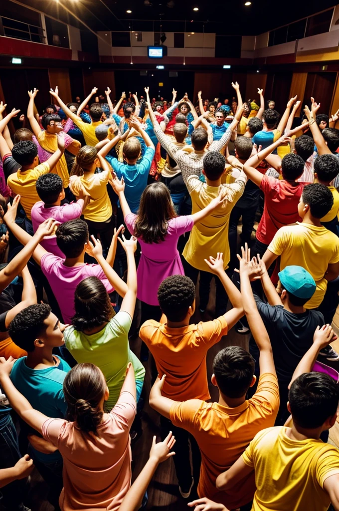 A large group of young men and girls dancing in a colorful hall