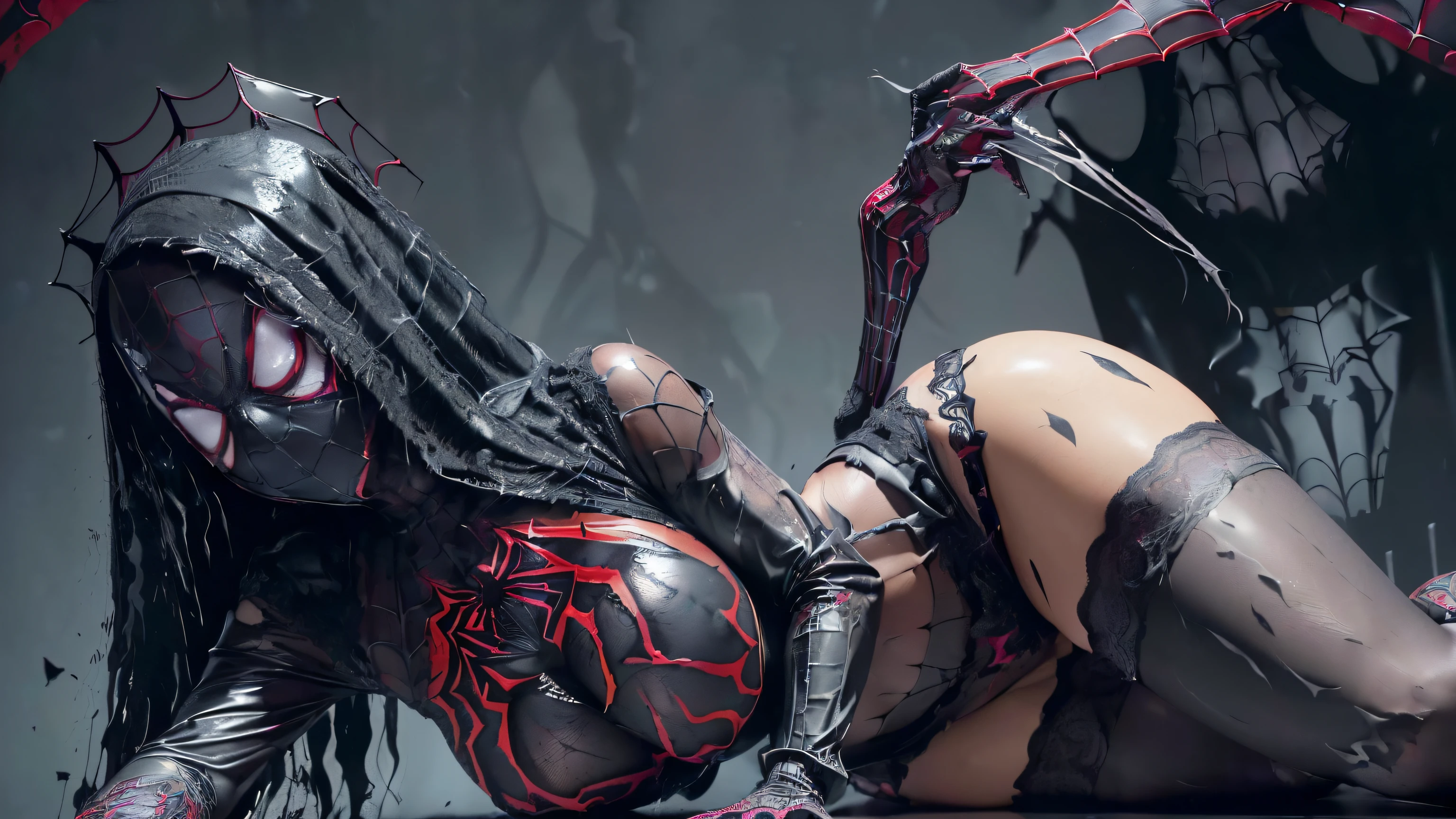 ((best quality)), ((masterpiece)), (detailed), perfect face, (((Big tits))), hot young busty girl, black lava outfit, stocking, beautyful face, (( long length hair)), ((detailed eyes)), lightning in the background, ((dark castle in the background, ((lace thigh fix), garter belts (((the clothes melt off her))), (((black paint splattered on it))), (flying dragon in a background), black damaged corset, ((her clothes were torn in several places))), latex lingerie, (nun costume), (((he wearing a black spiderman venom face mask))), venom, black dark venom, ((black lacy brassiere)), perfect detailed , (detailed eyes), ((it is photographed from below)) latex, erotic pose, boobies , long white hair, detailed eyes, good anatomy