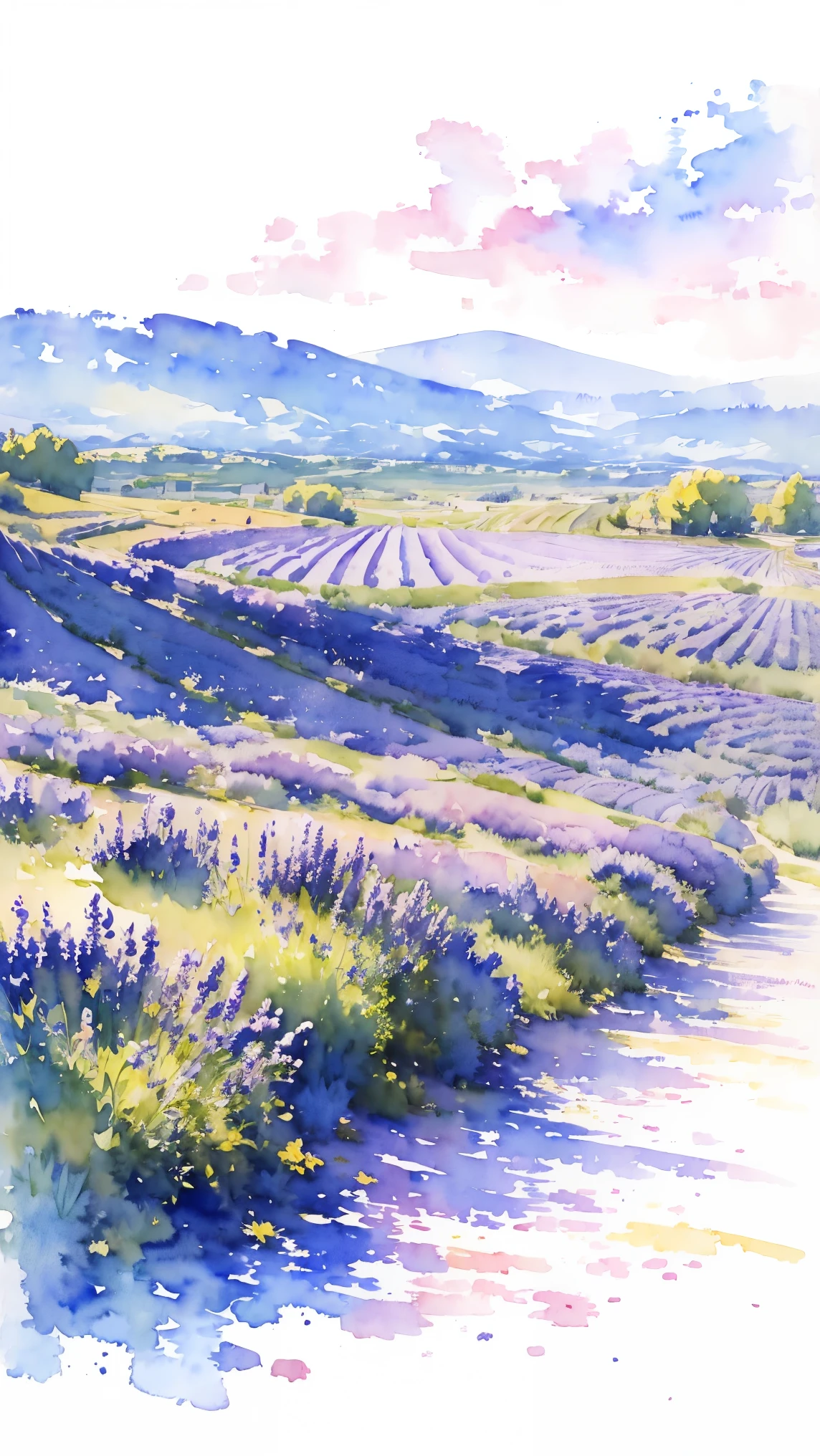 (masterpiece:1.2, Highest quality),(Very detailed),(((watercolor))),8K,wallpaper,Landscape of France,Lavender fields in Provence,(((透明watercolor)))