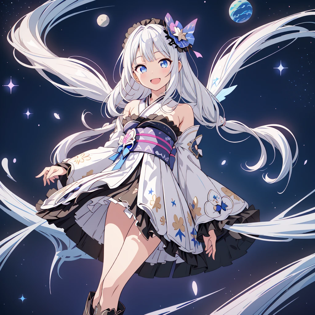 Star Fairy、(masterpiece, Highest quality), One girl, 「Beautifully printed galaxy patterned kimono and gothic ta outfits.、Space Pattern Ruffle Box Pleated tand in front of the audience、Knee-high boots、Captivating eyes、Perfect and amazing face、Exquisite detail、Clear images、Highest quality。」Milky white and blue gradient long straight hair、smile、Laughing happily、