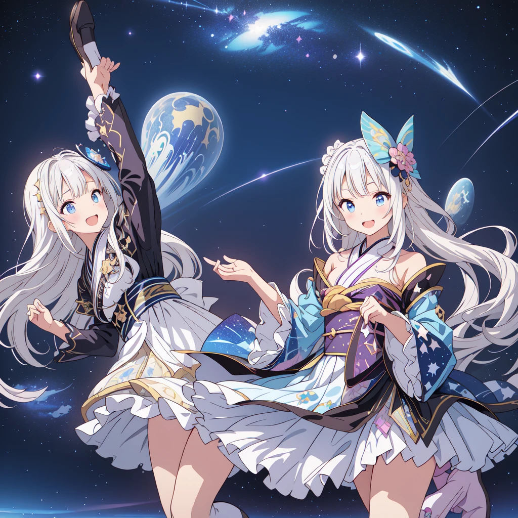Star Fairy、(masterpiece, Highest quality), One girl, 「Beautifully printed galaxy patterned kimono and gothic outfits.、Space Pattern Ruffle Box Pleated tand in front of the audience、Knee-high boots、Captivating eyes、Perfect and amazing face、Exquisite detail、Clear images、Highest quality。」Milky white and blue gradient long straight hair、smile、Laughing happily、