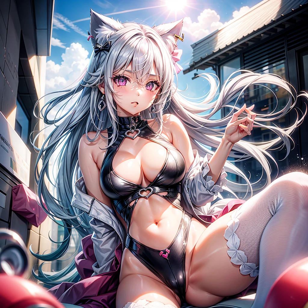 Silver hair, pink eyes, body, cat ears, sexy girl, earrings, cloud and sun background, hair bows, mitsuri