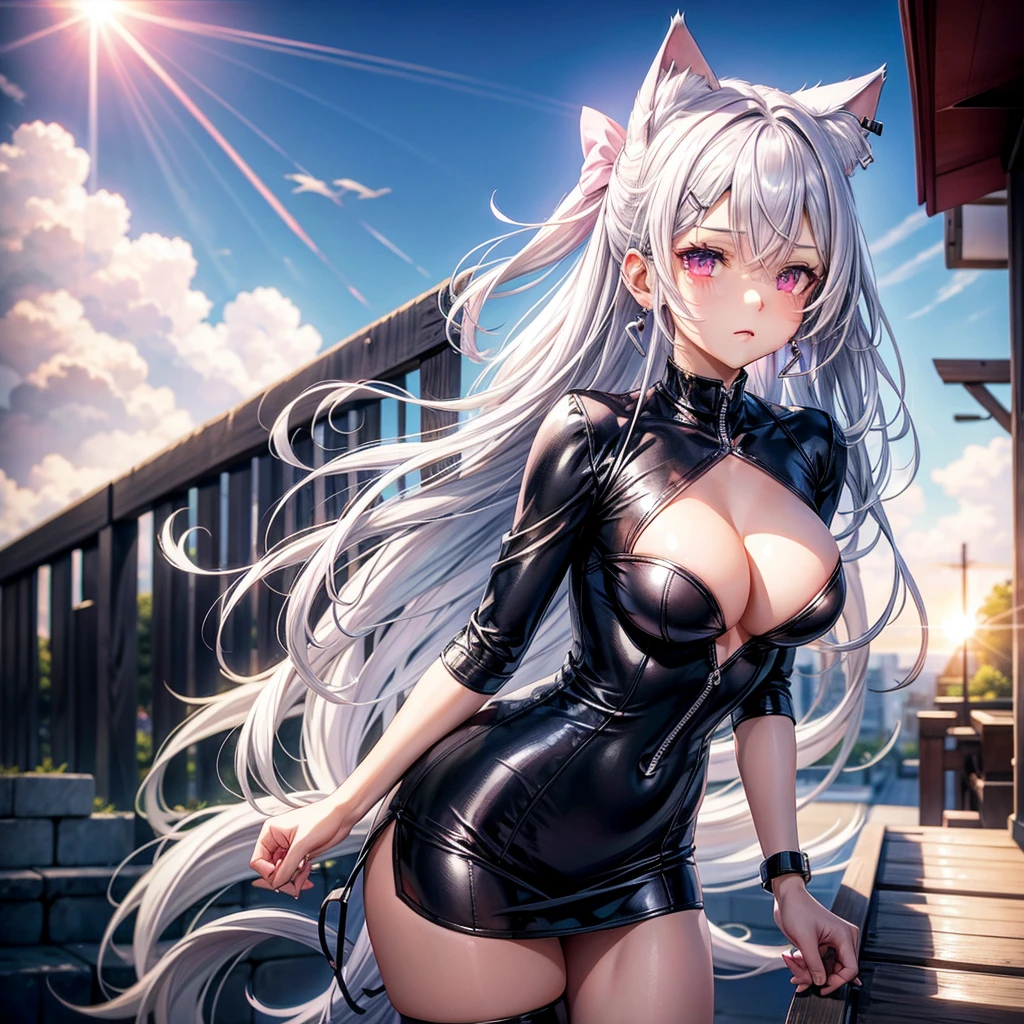 Silver hair, pink eyes, body, cat ears, sexy girl, earrings, cloud and sun background, hair bows, mitsuri