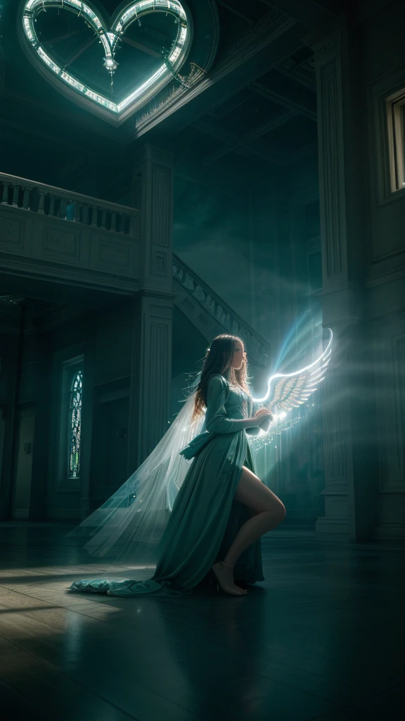 a heart with wings and a halo depicted in a building setting with a sky background. The heart is the central focus, with intricate details such as a lightning trail coming out of it.  with shades of gray, blue, and green dominating the scene. The setting in a building adds a sense of contrast and mystery to the overall composition. conveys a sense of whimsy and magic, inviting viewers to contemplate the deeper meanings behind the imagery., 32k, UHD, cinematic chromatic, cinematic lighting, global illumination, chromatic light, photorealistic, ultra detailed, iluminación onírica, 85 mm, dramatic, low-key lighting on a mysterious, photorealistic , ultra photoreal , ultra detailed, intricate details. 