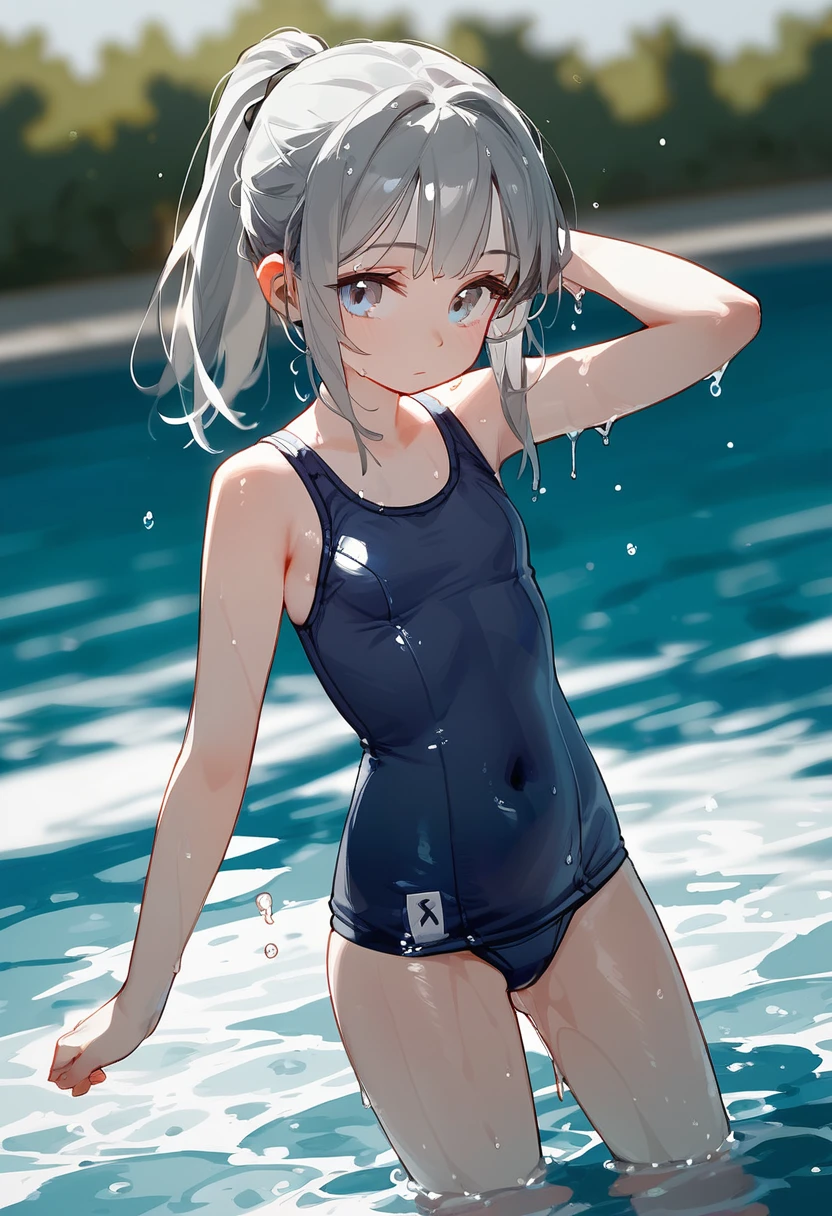 score_9, score_8_Excellent, Gray Hair, School Swimsuit, ponytail, Dripping Water, girl, cute