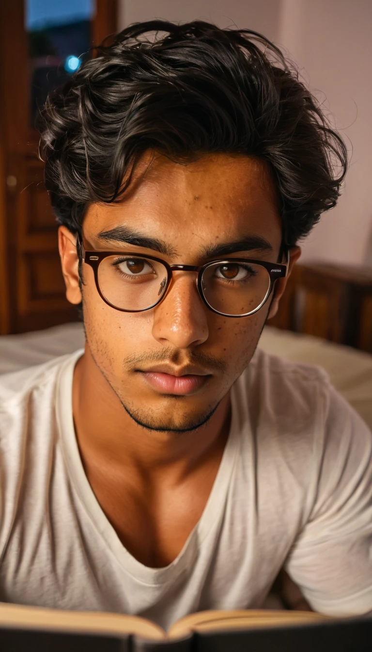 (Photography, Realism: 1.4),
23 years old, male, black hair, smart looking, Maldivian, highly detailed eyes, highly detailed face, brown eyes, freckles, glasses, reading in his home, at nigh, donte look camera 