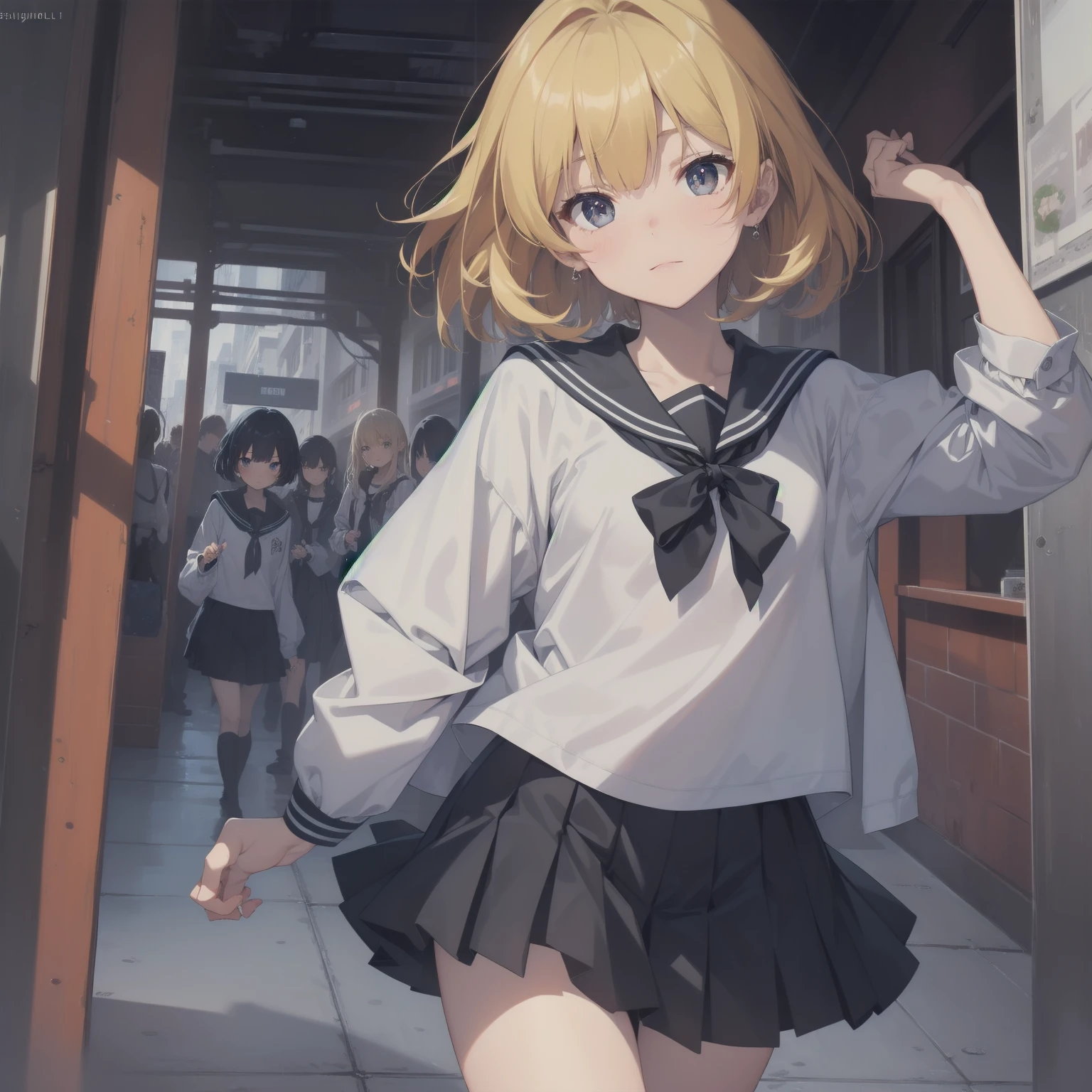 ultra-absurdres-Top quality by artist God, ultra-detailed, high resolution, anime moe artstyle, best anime 8k konachan wallpaper, pixiv contest winner, pool:2810, perfect anatomy,break, 1girl, (Please draw a girl walking sleepily to school alone. )break,(Solo,little female, -yeld:1.Full limbs, complete fingers,a junior hihort hair), short cut, flat chest, , small butt, small black eyes, beautiful detailed eyes, well-proportioned iris and pupils, expressive eyes, highres detailed hair, soft expression, salor school_uniform, sailor collar, serahuku, bow, pleated skirt,(Detailed Lighting), (Detailed background), in the School commute route. break,super detailed skin, Best cinematic lighting powered by famous artist, 8k,beauty illustration,photoshop_(medium),very aesthetic,break,((artist:saiguchi_otoufu )), artist:clamp ,artist:carnelian ,artist:kantoku ,