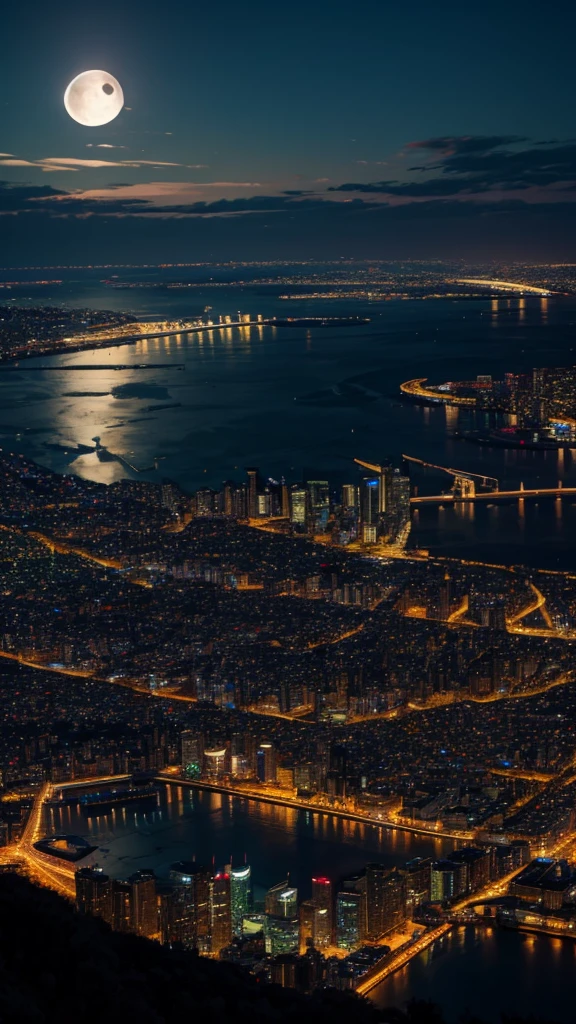 Looking down from above the city,Below is the brightly lit city,night,moon。
