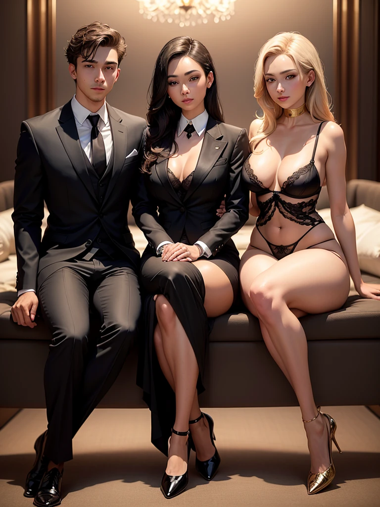a handsome young man, in a nice looking suit, sitting with two beautiful woman with bog breast in black lingerie posing in front of the man