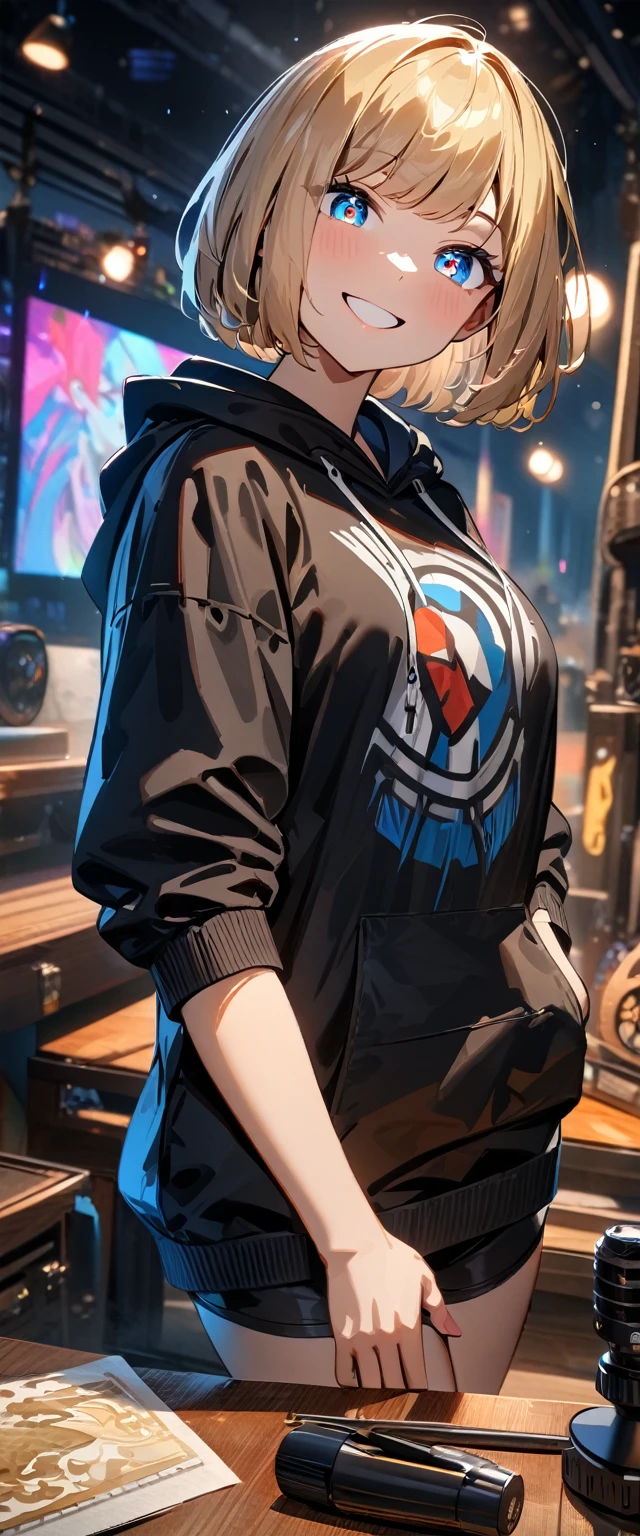 (((One girl))), blond hair, bob cut, (upper body), (looking at viewer), breasts, teenager, head tilt:1.3, (((blue eye))), (from side), selfie, hand in pocket, ((happy smile)), black hoodie, black shorts:1.3, anime style, (best quality, 4k, 8k, highres, masterpiece:1.2, ultra-detailed, ultra-detailed eyes, HDR, UHD, studio lighting, ultra-fine painting, sharp focus, physically-based rendering, extreme detail description, professional, vivid colors, bokeh)