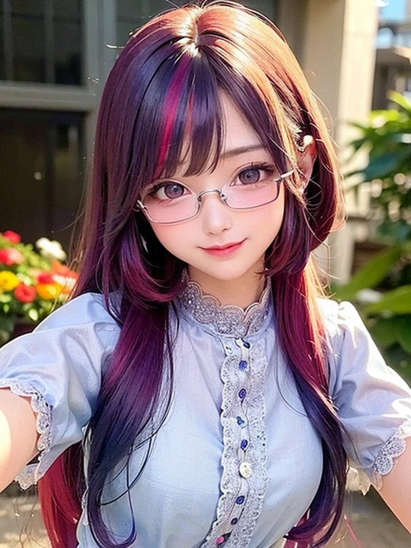 Small face、 Glasses、Very detailed,Bright colors, Very beautiful detailed anime faces and eyes, Look straight ahead, Shiny_skin,girl, (((Rainbow Hair, Colorful hair, Half blue、Half red hair: 1.2))), 、Shiny hair, Delicate beautiful face, blush、Glasses、(Turquoise Eyes), , Valletta, Earrings,、((Flower Garden、Sunset、Luxury Hotel))、((Silver、Sea pattern、translucent、Short sleeve、Floral、Lace blouse))、(Twin tails)、(smile、Happy Face、Red-faced)、Cheerful pose、dynamic、Upper Body、