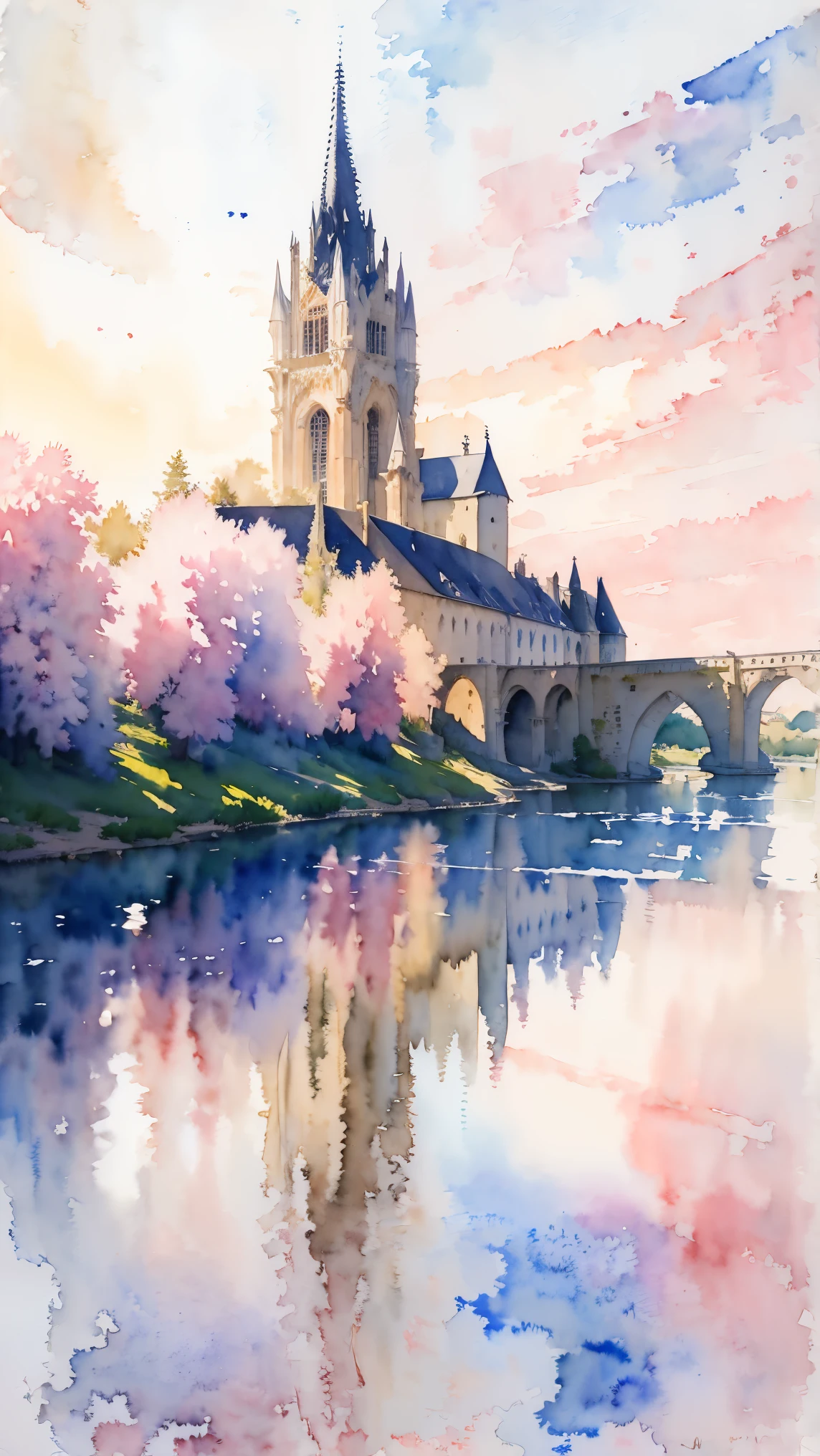 (masterpiece:1.2, Highest quality),(Very detailed),(((watercolor))),8K,wallpaper,Landscape of France,Loire Valley, UNESCO World Heritage Site