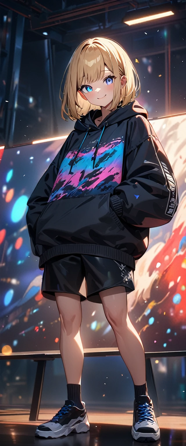 (((One girl))), blond hair, bob cut, (full body), (looking at viewer), breasts, ager, head tilt:1.3, (((blue eye))), (from side), hand in pocket, ((happy smile)), black hoodie, black shorts, dark high cut sneakers, black ankle socks, anime style, (best quality, 4k, 8k, highres, masterpiece:1.2, ultra-detailed, ultra-detailed eyes, HDR, UHD, studio lighting, ultra-fine painting, sharp focus, physically-based rendering, extreme detail description, professional, vivid colors, bokeh)
