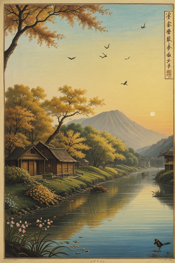 On a withered branch
		A crow has settled ---- 
			autumn nightfall.
A village where they ring
		no bells! – Oh, what do they do
			at dusk in spring
No rice? – in that hour
		we put into the gourd
			a maiden-flower.