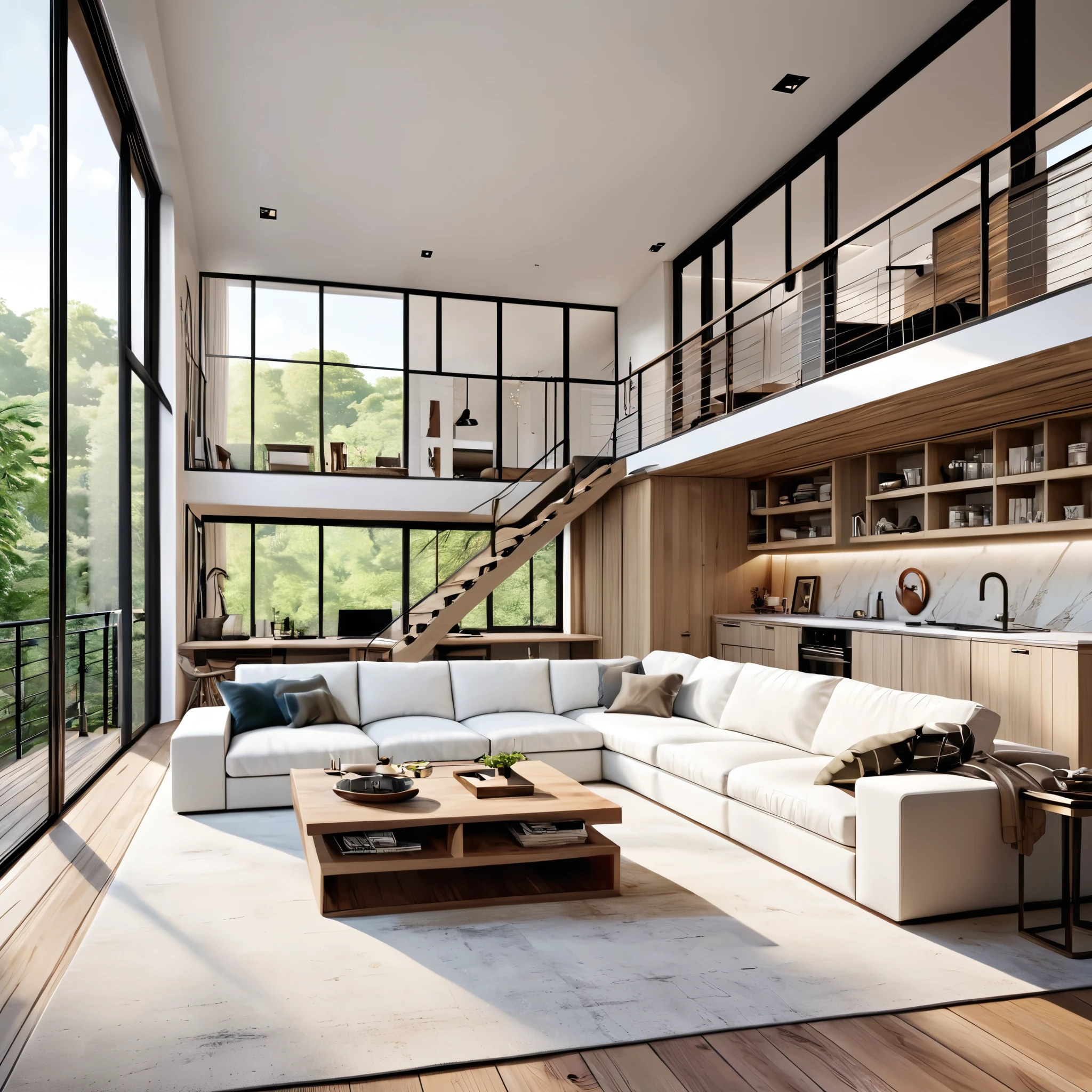 Design an elegant and open loft with a modern aesthetic. The living room should include a spacious white sectional sofa, a minimalist entertainment setup, and a soft rug. The kitchen area should feature a wooden island with white bar stools and contemporary appliances. On the upper mezzanine, create a bedroom with a comfortable bed, a relaxing reading nook, and built-in storage. The loft should be filled with natural light from large windows, emphasizing the bright and airy atmosphere. The design should focus on clean lines, a neutral color scheme, and a sophisticated look