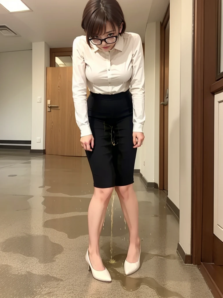 ((Realistic Light, Best Quality, 8K, Masterpiece: 1.3)), 1girl, female teacher, Slim Beauty: 1.4, (Brown hair,  short hair length to shoulder, glasses, large breasts: 1.3), wearing long sleeve white shirt(( appropriate shirt)), black pencil skirt((length skirt to the knee)), standing alone at empty school hallway, front view, medium shot, with little wonder expression, peeing self, wetting her clothes, can't hold her pee face, wetting herself desperate, pee desperation pose, her body can't hold her pee and wets herself ultra desperate in the middle of the cicty in absolute desperaton wetting herself, pee runing down her legs, standing up, hyper pee desperate face, big pee pudle