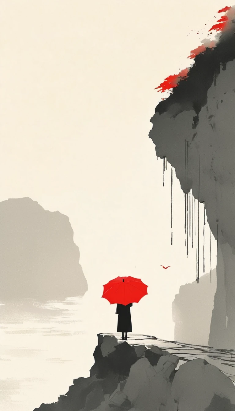 simple,Minimalist illustration,1pcs red umbrella tassel,solitary figure,Cliff Edge,bridge