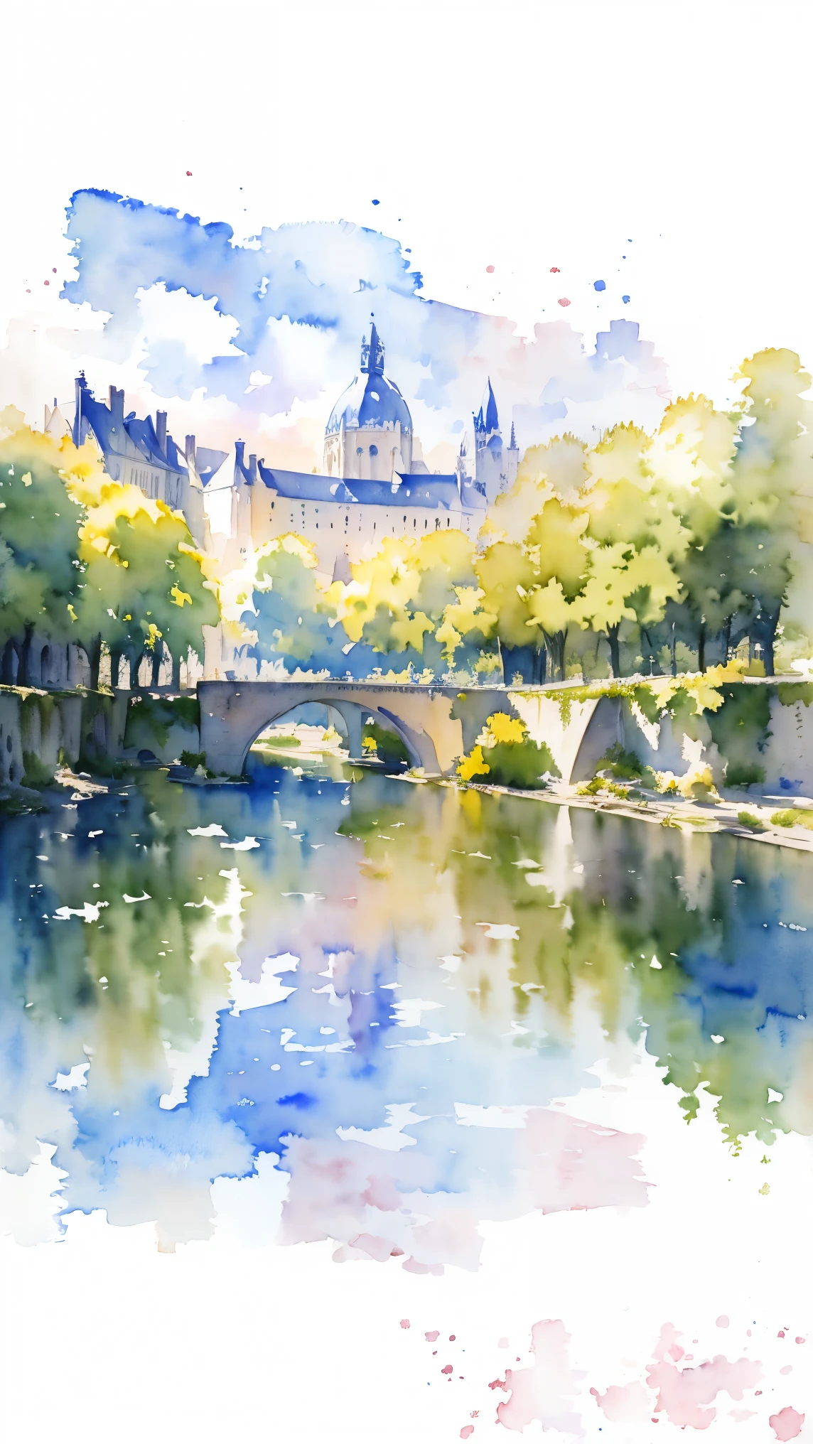 (masterpiece:1.2, Highest quality),(Very detailed),(((watercolor))),8K,wallpaper,Landscape of France,Loire Valley, UNESCO World Heritage Site,(((透明watercolor)))