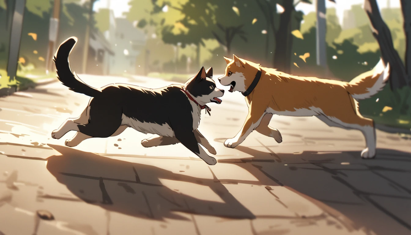 a cat running after a dog