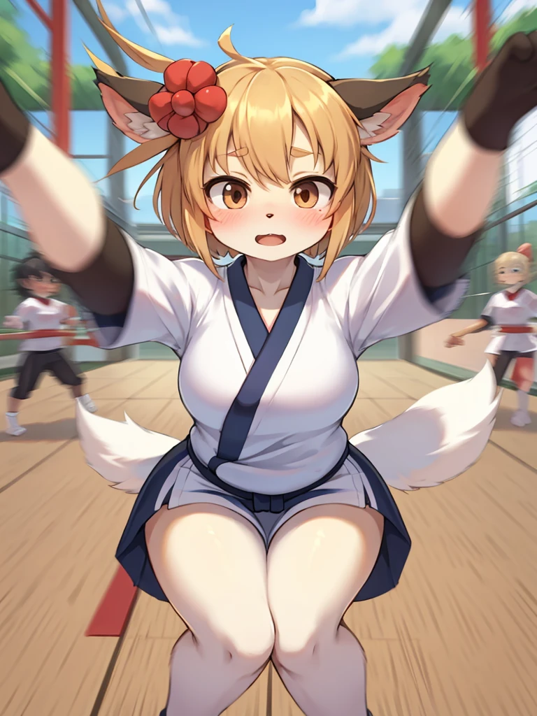 rear Bokeh , hairy fox girl , Short stature , realistic hairy fur , round face , Swollen cheeks , glossy lips , Childish hairstyle , 2 Hair ties , Japanese festivals, hakata yamakasa , happi coats , fundoshi , summer sunny day , cumulonimbus , back shot , cross arms , Glaring at viewer