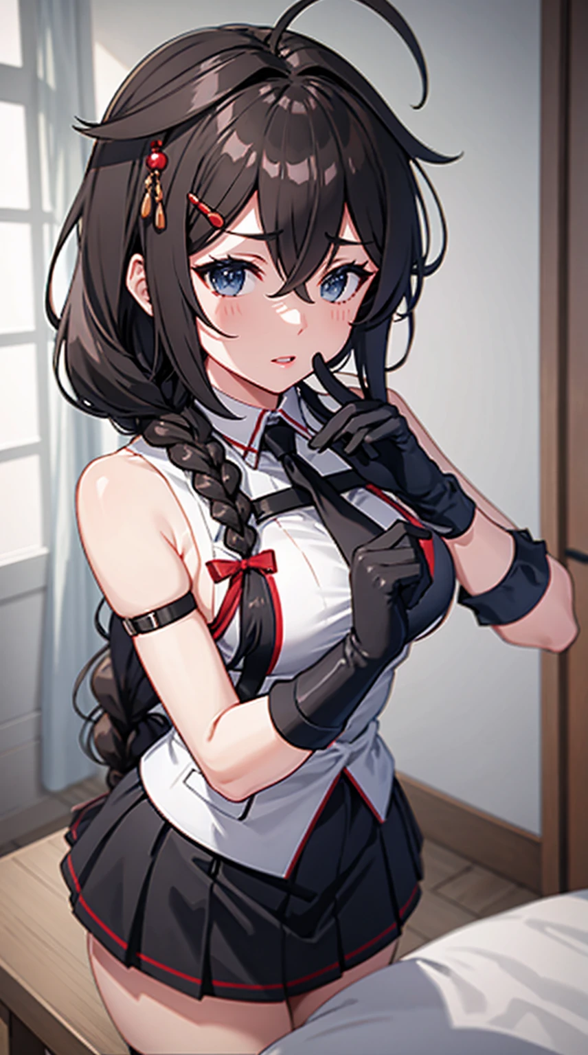 Shigure Kai 3 KanColle Sleeveless Black Thimble Gloves Black Skirt Braid 8K High Resolution Very Fine Eyes Very Fine Face、Insanely detailed body、Extremely fine skin, very elaborate hair ornament, Precisely sculpted body and hand 1 person hotel room