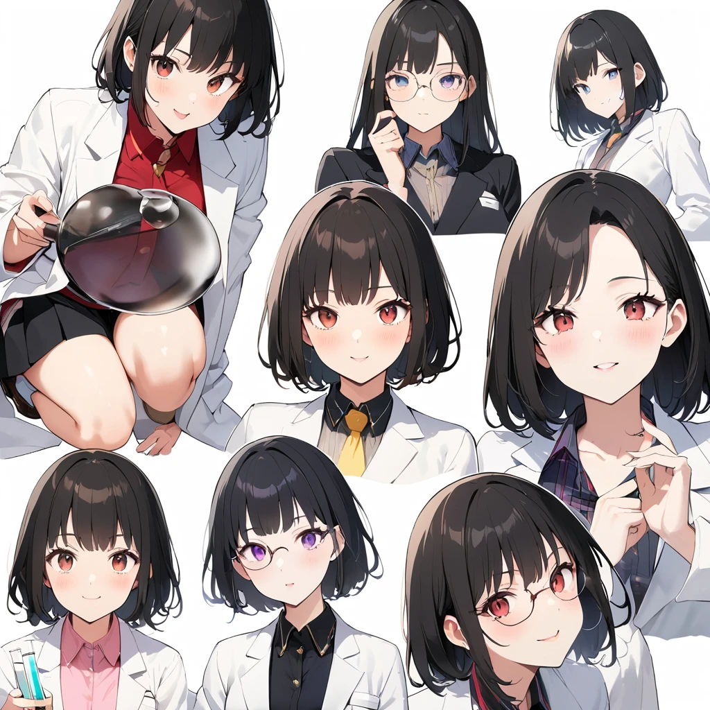 16k works,Highest quality,18-year-old,No background.White background only,whole body、Kneel,Dynamic and sexy pose, One person, Beautiful Face,, Symmetrical eyes, Perfect body, Good balance、 Perfect body、Intelligent woman、Black Hair、White skin、Pink Lips、Wearing a researcher's lab coat、Round rimmed glasses、White rubber gloves、Test tube、beaker、microscope、flask、Glancing sideways at the viewer、smile、Open your lips