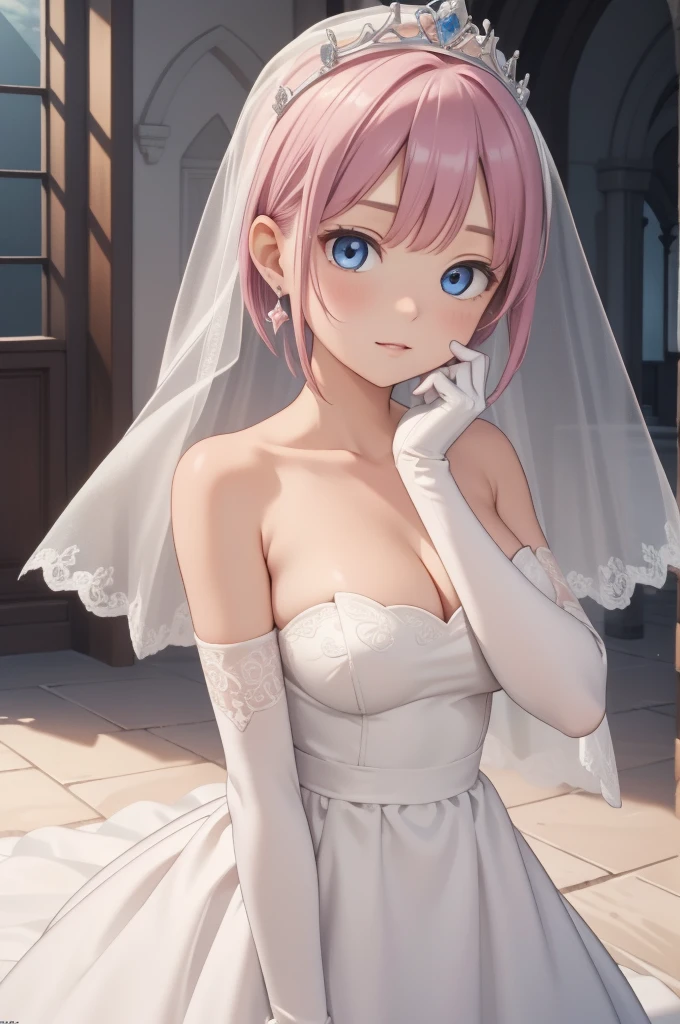 ichikanakano, ichika nakano, short hair, bangs, blue eyes, hair between eyes, pink hair, earrings,
BREAK gloves, dress, cleavage, bare shoulders, collarbone, elbow gloves, white gloves, white dress, strapless, tiara, veil, strapless dress, wedding dress, bridal veil,
BREAK indoors, church,
BREAK looking at viewer, BREAK (masterpiece:1.2), best quality, high resolution, unity 8k wallpaper, (illustration:0.8), (beautiful detailed eyes:1.6), extremely detailed face, perfect lighting, extremely detailed CG, (perfect hands, perfect anatomy),